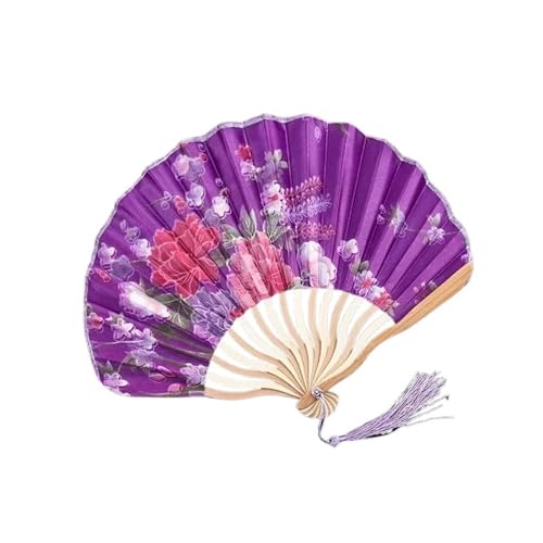 FäCher 1 Stück Retro Jakobsmuschel-Faltfächer, Blumen-Spinnseide-Tuch, Handheld for Tanz, Cheongsam, Kunst, Fransen, gebogener Knochenfächer FüR Geburtstagsgeschenke(Purple) von ZYAGH