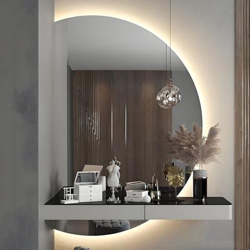ZYBOWAYL 100cm Intelligent LED Badezimmerspiegel für Wand mit 3 Lichtfarbe, 130cm Beschlagfrei Halbmond Rahmenloser Kosmetikspiegel mit Hintergrundbeleuchtung(Left Cut,130x90cm/51x35in) von ZYBOWAYL