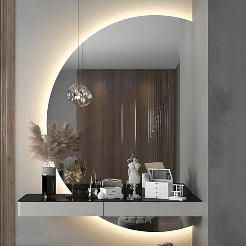 ZYBOWAYL 100cm Intelligent LED Badezimmerspiegel für Wand mit 3 Lichtfarbe, 130cm Beschlagfrei Halbmond Rahmenloser Kosmetikspiegel mit Hintergrundbeleuchtung(Right Cut,120x80cm/47x32in) von ZYBOWAYL