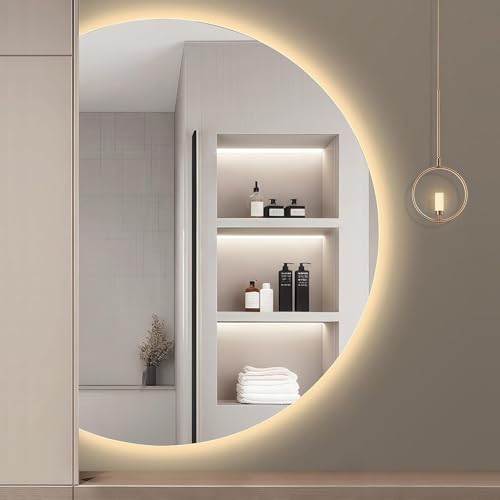 ZYBOWAYL 130cm Rahmenloser Kosmetikspiegel Groß Halbrunder Beschlagfrei Badspiegel mit Beleuchtung 120cm, Dimmbar Hinterleuchteten LED Wandspiegel(Left Cut,90x60cm/35x24) von ZYBOWAYL