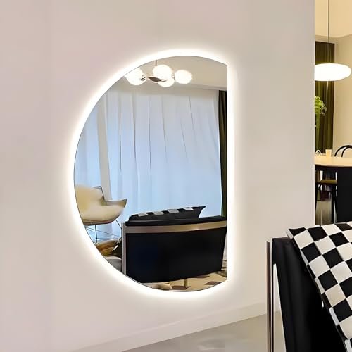 ZYBOWAYL 3 Lichtfarbe Dimmbar Badspiegel, Halbrund Antibeschlag Badezimmerspiegel mit Touch-Schalter, Hintergrundbeleuchtung LED Wandspiegel(Right Cut,120x80cm/47x32) von ZYBOWAYL