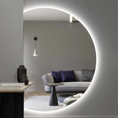 ZYBOWAYL 3-farbig Dimmbarer Kosmetikspiegel, Intelligenter LED Badezimmerspiegel, Halbmond Explosionsgeschützter Antibeschlag Dekospiegel mit Touch-Schalter(Left Cut,51"*35") von ZYBOWAYL