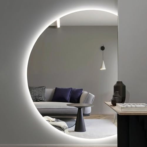 ZYBOWAYL 3-farbig Dimmbarer Kosmetikspiegel, Intelligenter LED Badezimmerspiegel, Halbmond Explosionsgeschützter Antibeschlag Dekospiegel mit Touch-Schalter(Right Cut,43"*28") von ZYBOWAYL