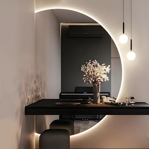 ZYBOWAYL Dimmbar Antibeschlag Kosmetikspiegel Rahmenloser 90x60cm, Halbmond Wandspiegel für Schlafzimmer Badezimmer 100x70cm, 3 Lichtfarbe Intelligent LED(Left Cut,120x80cm/47x32in) von ZYBOWAYL