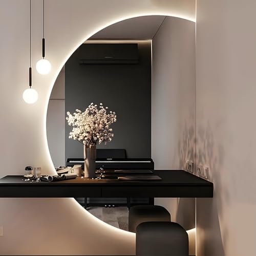 ZYBOWAYL Dimmbar Antibeschlag Kosmetikspiegel Rahmenloser 90x60cm, Halbmond Wandspiegel für Schlafzimmer Badezimmer 100x70cm, 3 Lichtfarbe Intelligent LED(Right Cut,100x70cm/39x28in) von ZYBOWAYL