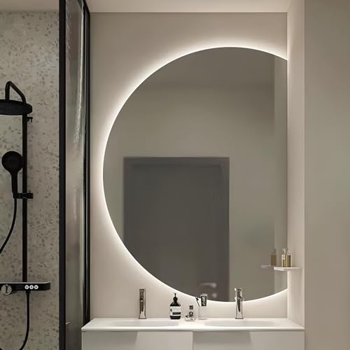 ZYBOWAYL Dimmbar LED Beschlagfrei Kosmetikspiegel mit Touchschalter 3 Lichtfarbe Groß Halbrunder Badspiegel 90-130cm Rahmenlos Wandspiegel(Right Cut,43"*28") von ZYBOWAYL