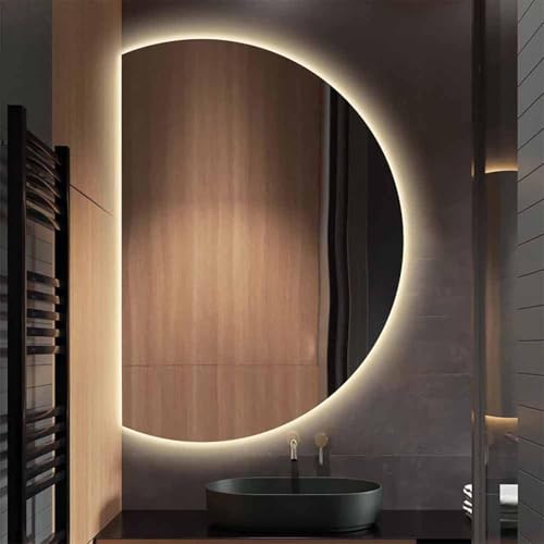 ZYBOWAYL Dimmbar Rahmenloser Bad Dekospiegel, Halbrunder Wasserdicht Wandspiegel, 3 Farbtemperatur LED Badspiegel, Entfoggen HD Ganzkörperspiegel(Left Cut,120x80cm/47x32in) von ZYBOWAYL
