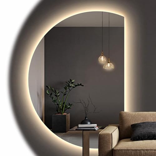 ZYBOWAYL Groß Halbrunder Wandspiegel LED 3 Lichtfarbe Badspiegel Beschlagfrei Dimmbar Kosmetikspiegel mit Touch-Schalter Rahmenlos Ganzkörperspiegel(Right Cut,90x60cm/35x24) von ZYBOWAYL