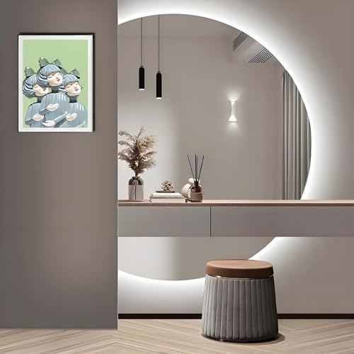 ZYBOWAYL Halbmond LED Badezimmerspiegel Mit 3-farbig Licht 110/120cm, Beschlagfrei Hintergrundbeleuchtung Kosmetikspiegel, Wasserdicht Explosionsgeschützt(Left Cut,39" L x 28" W) von ZYBOWAYL