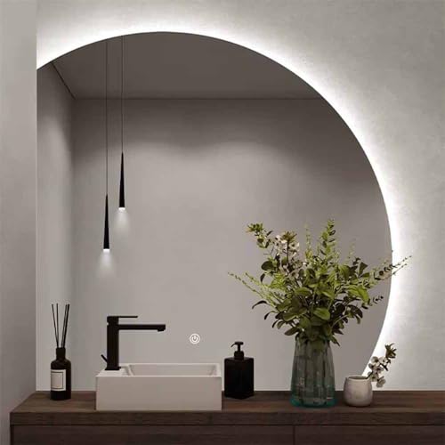 ZYBOWAYL Halbmond Schminkspiegel mit Beleuchtung 3000-6000K Einstellbar Lichtspiegel 90x90cm Halbrunder Antibeschlag Spiegel mit Touchschalter Unregelmäßiger Dekospiegel für Wohnzimmer(Left Under cut, von ZYBOWAYL