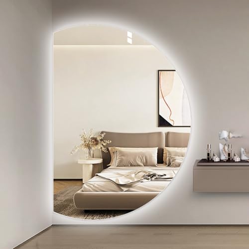 ZYBOWAYL Halbrund LED Badspiegel Intelligent, Anti-Beschlag Badezimmerspiegel, 3 Lichtfarben Dimmbar Wandspiegel, Rahmenloser Dekospiegel(Left Cut,110x70cm/43x28in) von ZYBOWAYL