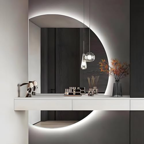ZYBOWAYL Halbrunder Beschlagfrei Badezimmerspiegel mit 3 Lichtfarbe 110×70cm, LED Rahmenloser Ankleidespiegel mit Intelligent Touch-Schalter 130×90cm(Left Cut,51" L x 35" W) von ZYBOWAYL