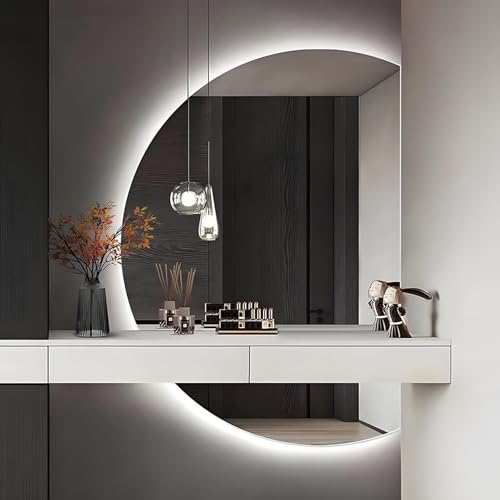 ZYBOWAYL Halbrunder Beschlagfrei Badezimmerspiegel mit 3 Lichtfarbe 110×70cm, LED Rahmenloser Ankleidespiegel mit Intelligent Touch-Schalter 130×90cm(Right Cut,51" L x 35" W) von ZYBOWAYL