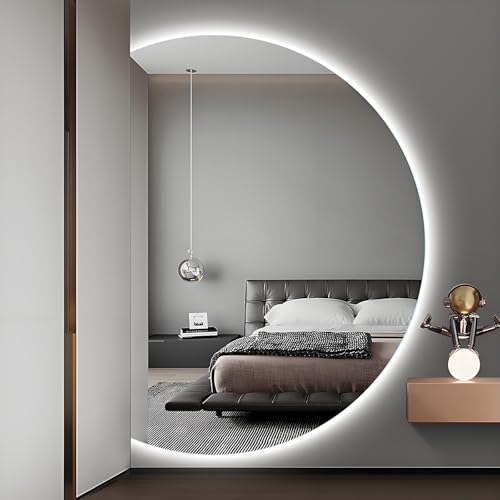 ZYBOWAYL Halbrunder LED Kosmetikspiegel mit 3 Lichtfarbe, Intelligent Rahmenloser HD Badezimmerspiegel, Beschlagfrei Explosionsgeschützter(Left Cut,130x90cm/51x35in) von ZYBOWAYL
