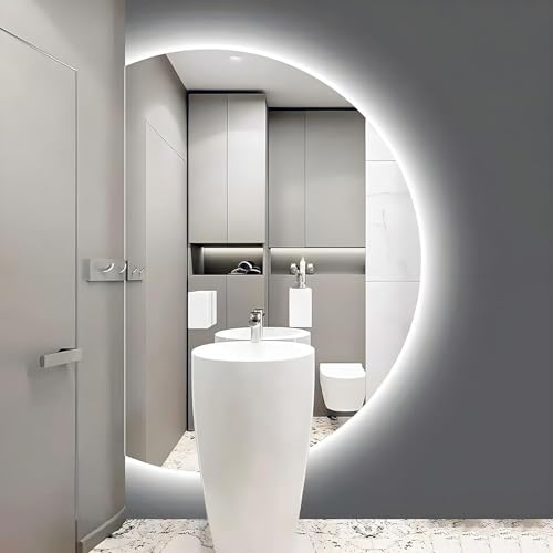 ZYBOWAYL Intelligent Antibeschlag Schminkspiegel halbrund mit LED 3 Lichtfarbe, Modern ohne Rahmen Badezimmerspiegel, Explosionsgeschützter Kosmetikspiegel(Left Cut,130x90cm/51x35in) von ZYBOWAYL