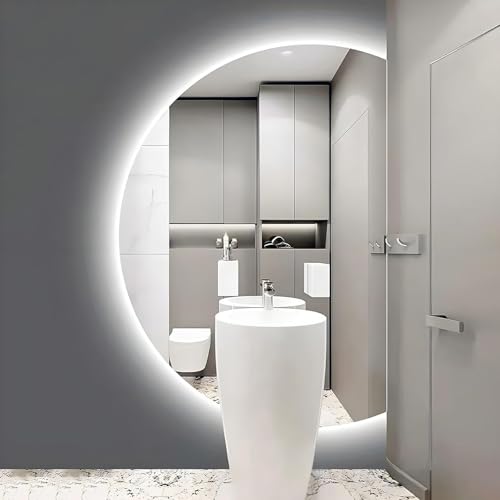 ZYBOWAYL Intelligent Antibeschlag Schminkspiegel halbrund mit LED 3 Lichtfarbe, Modern ohne Rahmen Badezimmerspiegel, Explosionsgeschützter Kosmetikspiegel(Right Cut,90x60cm/35x24in) von ZYBOWAYL