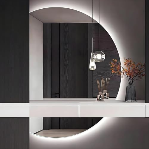 ZYBOWAYL Intelligent Badezimmerspiegel 90 100 110 120 130 cm, Halbrunder Wand Kosmetikspiegel mit Beschlagfrei 3-farbig LED Berührungsschalter(Left Cut,43" L x 28" W) von ZYBOWAYL