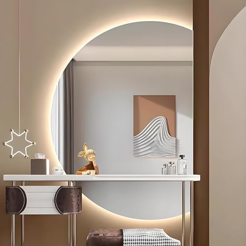 ZYBOWAYL Intelligenter Badezimmerspiegel, 3 Farben Dimmbarer Kosmetikspiegel mit Hintergrundbeleuchtung, Halbmond LED Wandspiegel mit Touch-Schalter(Right Cut,51"*35") von ZYBOWAYL