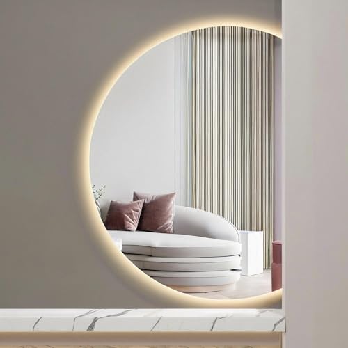 ZYBOWAYL LED Halbrunder Badezimmerspiegel 130×90cm, Intelligenter Antibeschlag Schminkspiegel 120×80cm, Rahmenlose Wanddekoration mit 3-farbig Licht(Right Cut,100 * 70cm) von ZYBOWAYL