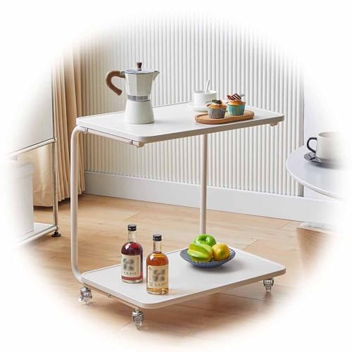 ZYBOWAYL Modern Beistelltisch mit Rollen 60x43x63cm Weiß Kaffeetisch C Form Mobiler Nachttisch 2 Ebenen Laptoptisch Betttisch mit Metallgestell für Schlafzimmer Wohnzimmer Couch (Color : White Bracke von ZYBOWAYL