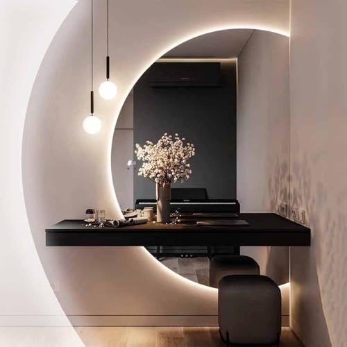 ZYBOWAYL Modern LED Schminkspiegel 80x120cm Halbmond Badspiegel Dimmbar Antibeschlag Intelligent Wandspiegel mit Hinterleuchteten Unregelmäßiger Ankleidespiegel Rahmenloser Dekospiegel(Right cut,70x11 von ZYBOWAYL