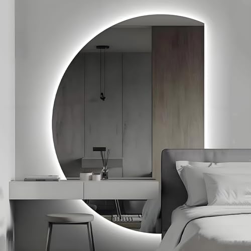 ZYBOWAYL Moderner Halbmond Badezimmerspiegel 90 bis 130cm, Intelligent Beschlagfrei LED Kosmetikspiegel, 3-farbig Licht Wandspiegel mit Touch-Schalter(Right Cut,110x70cm/43x28in) von ZYBOWAYL