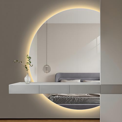 ZYBOWAYL Moderner LED Kosmetikspiegel 110x70cm, 3 Farbtemperaturen 3000K-4000K-6000K, Großer Halbrund Beschlagfrei Wand Badezimmerspiegel 120x80cm(Right Cut,110x70cm/43x28in) von ZYBOWAYL