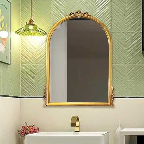 ZYBOWAYL Vintage Badspiegel Wandmontage Bogenspiegel Barock Stil Prunkspiegel Antik-Schminkspiegel 100cm Groß Dekorativer Spiegel mit Wasserdicht PU Rahmen für Wohnzimmer Waschtisch(Silver,60x80cm) von ZYBOWAYL