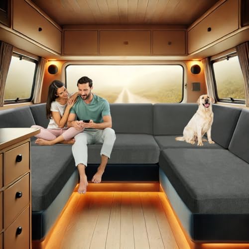 ZYBSLCSY Bezüge Wohnwagen Polster, Wohnwagen Polsterbezüge rutschfeste Mit 2 Festes Gummiband, Sofa Sitzkissen Bezüge Für Wohnwagenpolster Spannbezug Sitzbank (Med Grey,4-Sitzer) von ZYBSLCSY