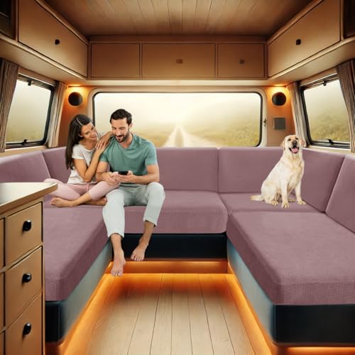 ZYBSLCSY Bezüge Wohnwagen Polster, Wohnwagen Polsterbezüge rutschfeste Mit 2 Festes Gummiband, Sofa Sitzkissen Bezüge Für Wohnwagenpolster Spannbezug Sitzbank (Pink,4-Sitzer) von ZYBSLCSY