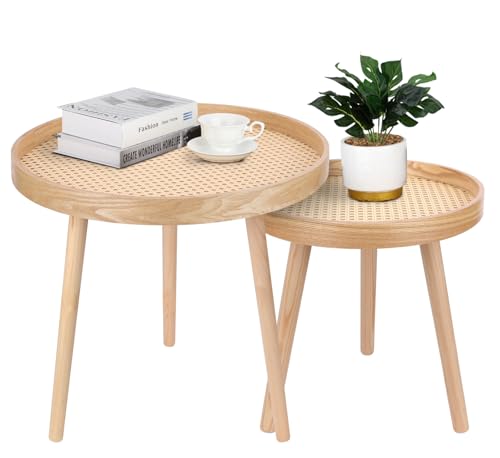 Runder Couchtisch 2er Set, Natürlicher Boho Beistelltisch, Kleiner Mid Century Moderner Rattan Tisch für Wohnzimmer, Schlafzimmer, Büro von ZYBT