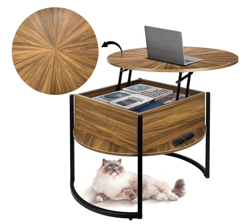 Runder Couchtisch mit Hebeplatte und Stauraum - Moderner Mitteltisch aus Braunem Holz für Wohnzimmer - Rustikaler Einzigartiger Couchtisch von ZYBT