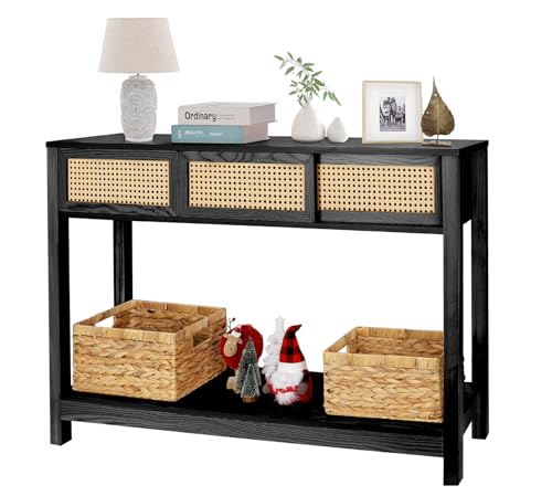 ZYBT Langer Konsolentisch, Rattan-Eingangstisch, Konsolentische für den Eingang, schmaler Holzkonsolentisch mit Stauraum, schwarzer Couchtisch Flurtisch Boho Sofatisch für Wohnzimmer von ZYBT
