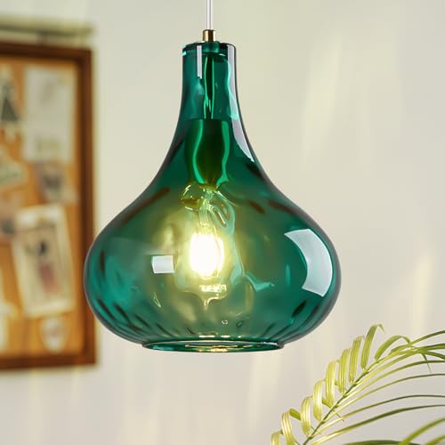 ZYBWL Grüne Glas Pendelleuchte 1 Flammig Gold Metallin Hängeleuchte Küche Hängelampe Höhenverstellbar Einfache Modern Kronleuchter für Schlafzimmer Esstisch Esszimmer, E27 Fassung, Ø 24 cm von ZYBWL