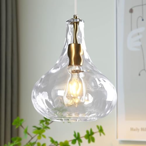 ZYBWL Klares Glas Pendelleuchte 1 Flammig Gold Metallin Hängeleuchte Küche Hängelampe Höhenverstellbar Einfache Modern Kronleuchter für Schlafzimmer Esstisch Esszimmer, E27 Fassung, Ø 24 cm von ZYBWL