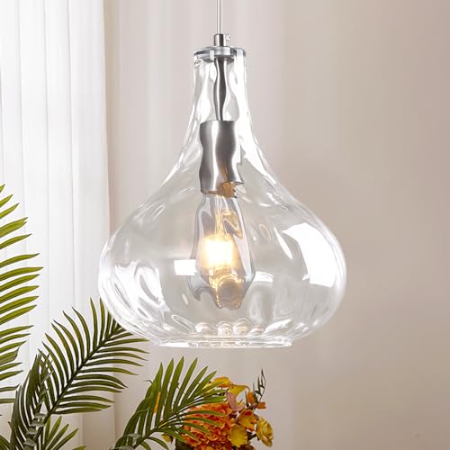 ZYBWL Klares Glas Pendelleuchte 1 Flammig Sandnickelfarbiges Metallin Hängeleuchte Küche Hängelampe Einfache Modern Kronleuchter für Schlafzimmer Esstisch Esszimmer, E27 Fassung, Ø 24 cm von ZYBWL