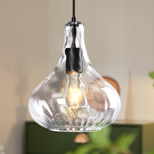 ZYBWL Klares Glas Pendelleuchte 1 Flammig Schwarz Metallin Hängeleuchte Küche Hängelampe Höhenverstellbar Einfache Modern Kronleuchter für Schlafzimmer Esstisch Esszimmer, E27 Fassung, Ø 24 cm von ZYBWL