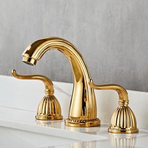 ZYCDP 3 Loch Armatur Waschbecken Gold Messing Wasserhahn Waschbecken Bad Warm und Kalt Gold ZYCDP 3 Loch Armatur Waschbecken Gold Messing Wasserhahn Waschbecken Bad Warm und Kalt Gold von ZYCDP