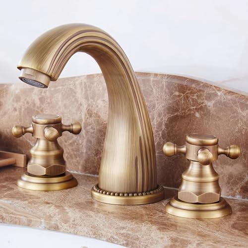 ZYCDP 3 Loch Armatur Waschbecken Messing Mischbatterie Bad Kreuzgriff Warm und Kalt Antik von ZYCDP