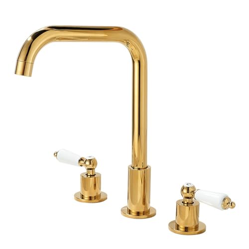 ZYCDP 3 Loch Armatur Waschtisch Messing Wasserhahn Bad 360 Grad Drehbar Zweigriffmischer Gold ZYCDP 3 Loch Armatur Waschtisch Messing Wasserhahn Bad 360 Grad Drehbar Zweigriffmischer Gold von ZYCDP