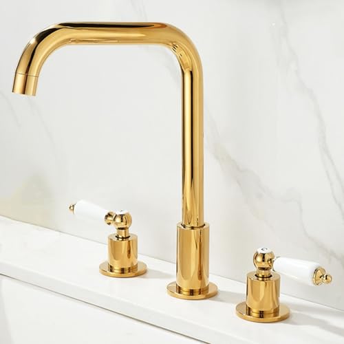 ZYCDP 3 Loch Armaturen Waschbecken Gold Zweigriff Waschtischarmatur 360 Drehbar Kalt Warm Gold ZYCDP 3 Loch Armaturen Waschbecken Gold Zweigriff Waschtischarmatur 360 Drehbar Kalt Warm Gold von ZYCDP