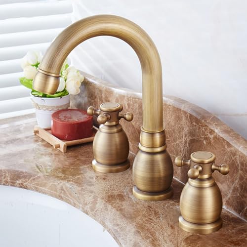 ZYCDP 3 Loch Waschtischarmatur Retro Kreuzgriff Wasserhahn Bad 360 Ggrad Drehbar Messing Antik von ZYCDP