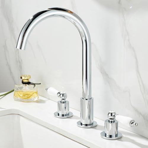 ZYCDP 3 Loch Waschtischarmatur Zweigriff Wasserhahn Bad 360 Grad Drehbar Messing Warm Kalt Chrom von ZYCDP
