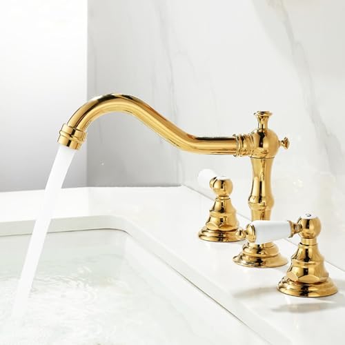 ZYCDP Armatur Badezimmer 3 Loch Retro Messing Badarmatur Zweigriffmischer Kalt und Warm Gold von ZYCDP