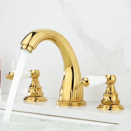 ZYCDP Armatur Badezimmer 3 Loch Zweigriff Wasserhahn Bad Gold Vintage Warm und Kalt Wasser Gold ZYCDP Armatur Badezimmer 3 Loch Zweigriff Wasserhahn Bad Gold Vintage Warm und Kalt Wasser Gold von ZYCDP