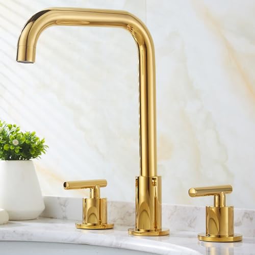 ZYCDP Armaturen Bad 3 Loch Golden 360 Grad Drehbar Waschtischarmatur Zweigriff Messing Gold ZYCDP Armaturen Bad 3 Loch Golden 360 Grad Drehbar Waschtischarmatur Zweigriff Messing Gold von ZYCDP
