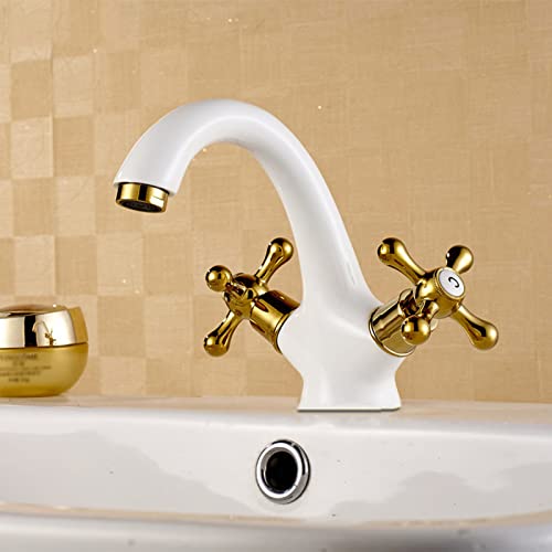 ZYCDP Bad Armaturen Waschbecken Retro weiß Gold, Waschbeckenarmatur Heißes Kaltes Wasser Retro Wasserhahn, Zweigriff Waschtischarmatur Bad Armatur Retro Mischbatterie von ZYCDP