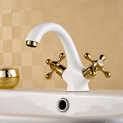 ZYCDP Bad Armaturen Waschbecken Retro Weiß Gold, Zweigriff Waschtischarmatur Heißes Kaltes Wasser, Mischbatterie von ZYCDP