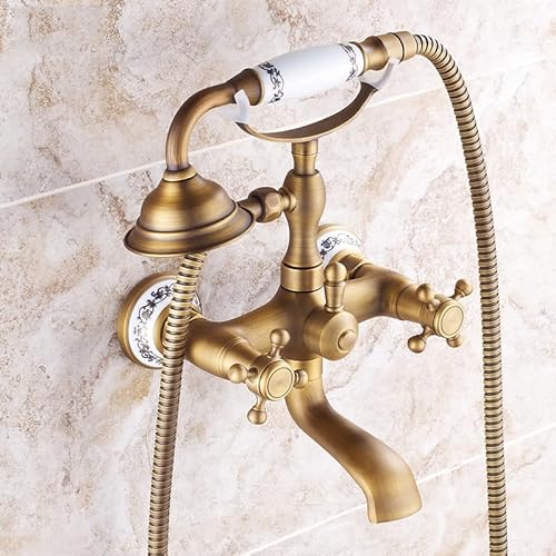 ZYCDP Badewannenarmatur Wannenarmatur Mit Handbrause Retro Messing Wandmontage Zwei Griffe Wannenbatterie Badewanne Wasserhahn Dusche Set, Antik B von ZYCDP