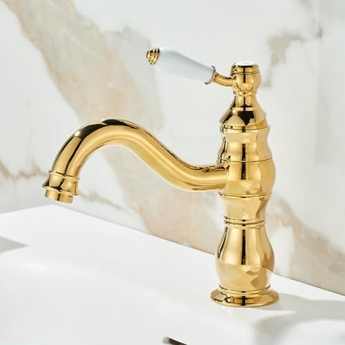 ZYCDP Badezimmer Wasserhahn Retro 360 Grad Drehbar Einhebelmischer Waschbecken Messing Gold ZYCDP Badezimmer Wasserhahn Retro 360 Grad Drehbar Einhebelmischer Waschbecken Messing Gold von ZYCDP